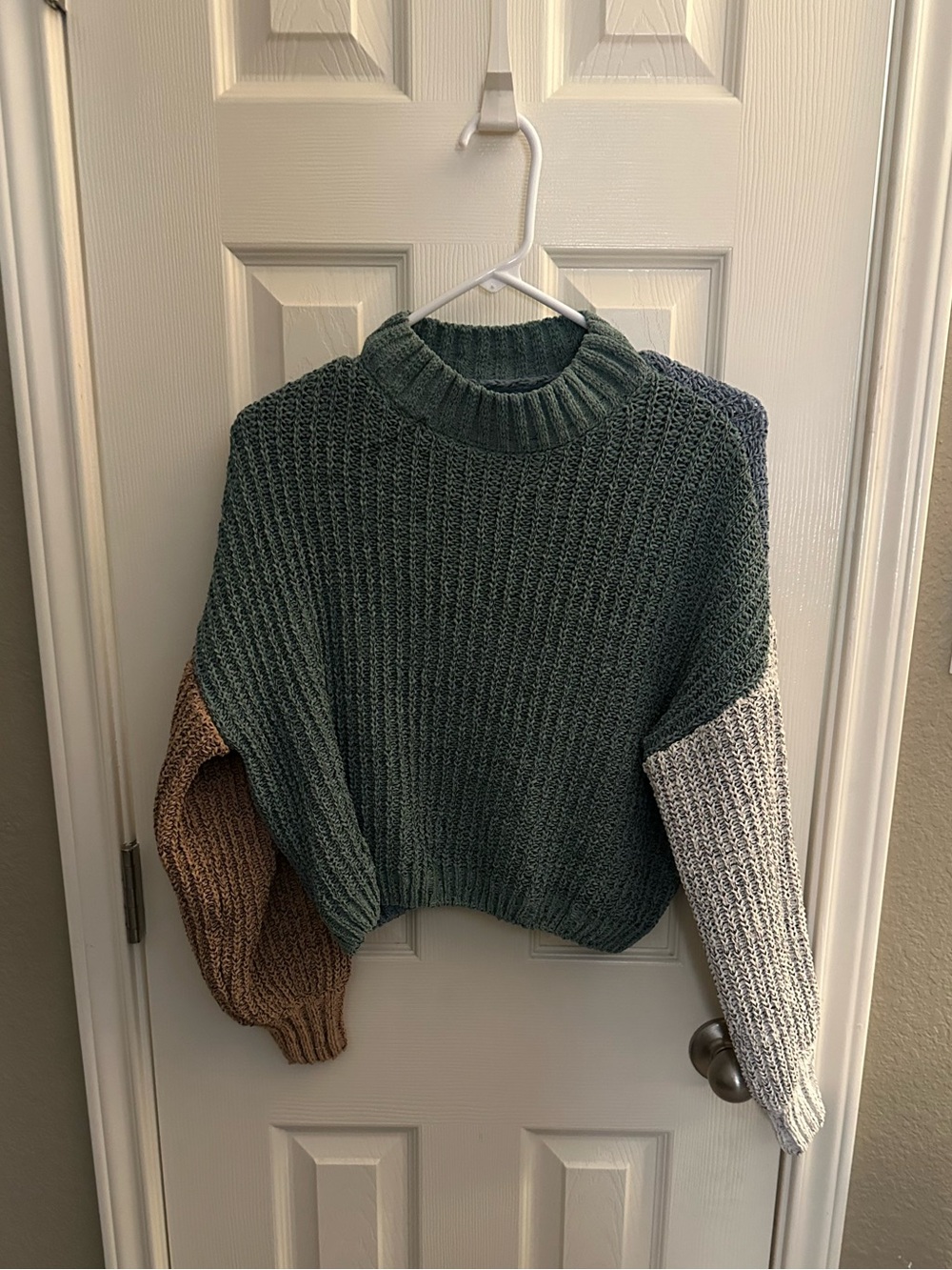 My Michelle Colorblock Cowl Sweater in Green,Brown, and Blue with Cream Sleeves